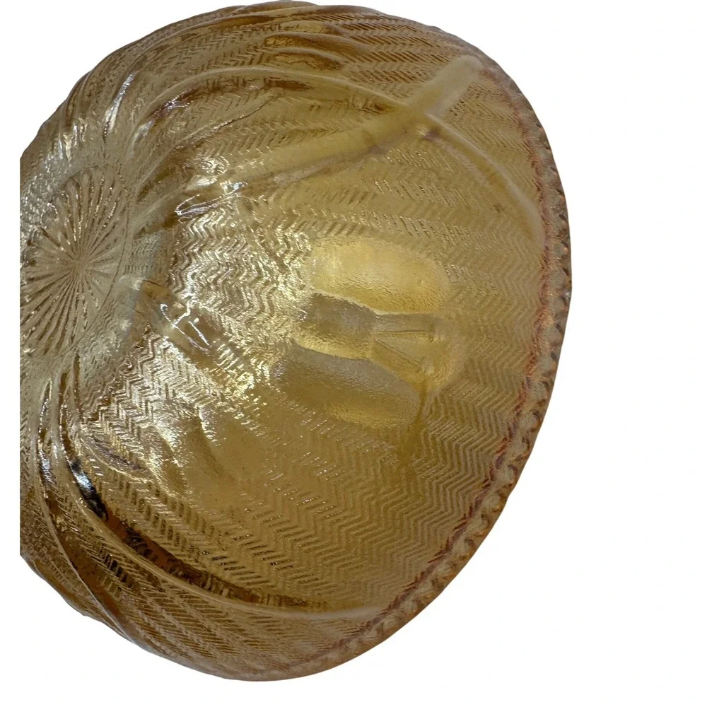 Jeanette Glass Iris and Herringbone Marigold Carnival Glass Iridescent Bowl 4.5